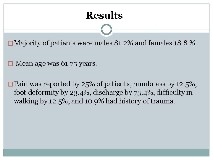 Results � Majority of patients were males 81. 2% and females 18. 8 %.