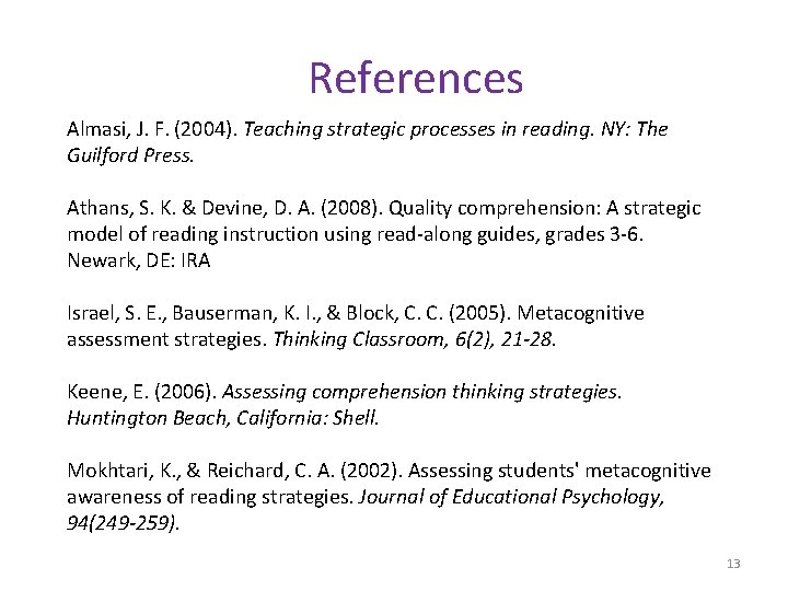 References Almasi, J. F. (2004). Teaching strategic processes in reading. NY: The Guilford Press.