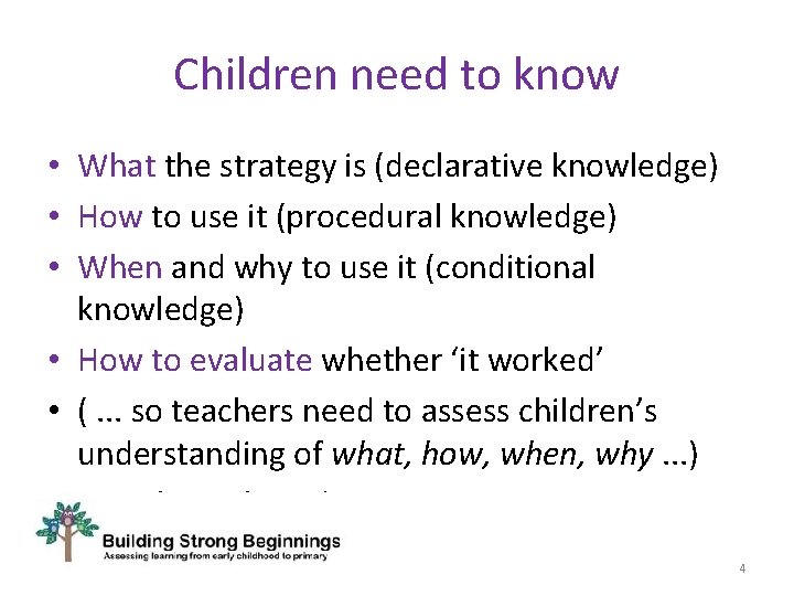 Children need to know • What the strategy is (declarative knowledge) • How to