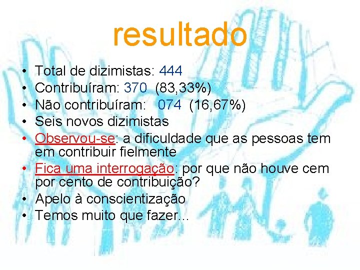 resultado • • • Total de dizimistas: 444 Contribuíram: 370 (83, 33%) Não contribuíram: