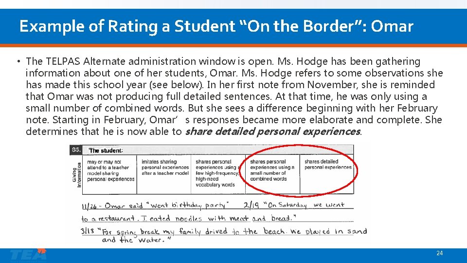 Example of Rating a Student “On the Border”: Omar • The TELPAS Alternate administration