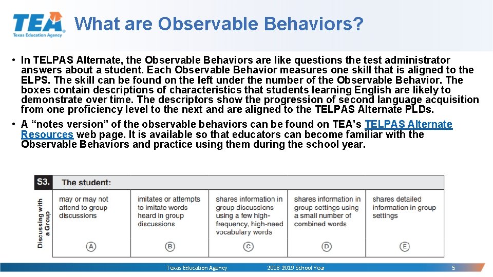 What are Observable Behaviors? • In TELPAS Alternate, the Observable Behaviors are like questions