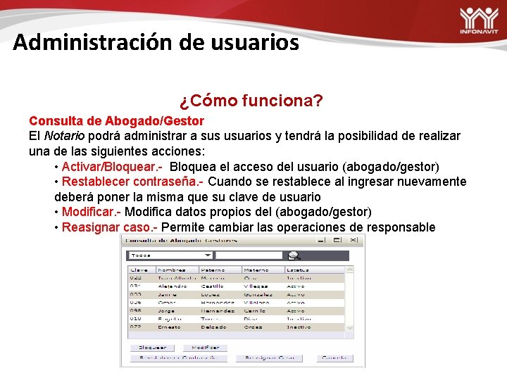 Administración de usuarios ¿Cómo funciona? Consulta de Abogado/Gestor El Notario podrá administrar a sus