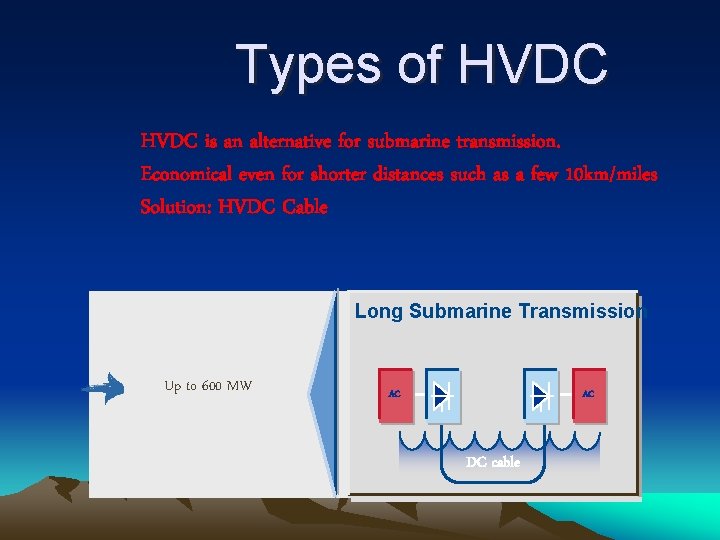 Types of HVDC is an alternative for submarine transmission. Economical even for shorter distances