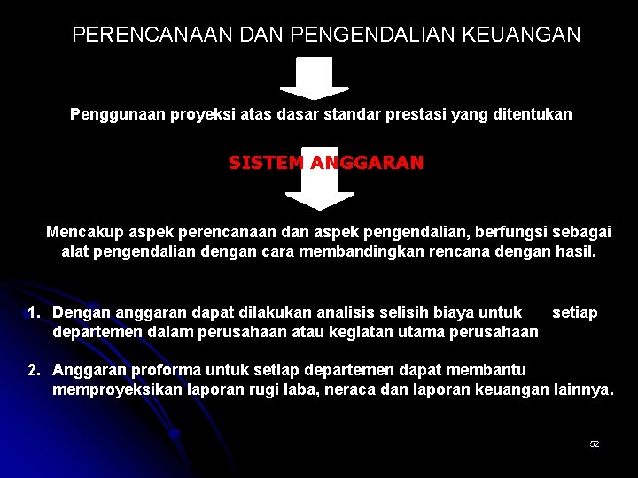 PERENCANAAN DAN PENGENDALIAN KEUANGAN Penggunaan proyeksi atas dasar standar prestasi yang ditentukan SISTEM ANGGARAN