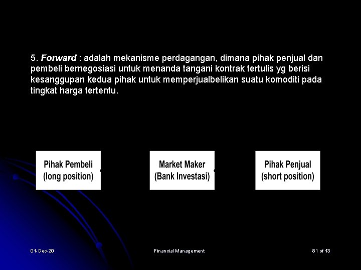 5. Forward : adalah mekanisme perdagangan, dimana pihak penjual dan pembeli bernegosiasi untuk menanda 5. Forward : adalah mekanisme perdagangan, dimana pihak penjual dan pembeli bernegosiasi untuk menanda