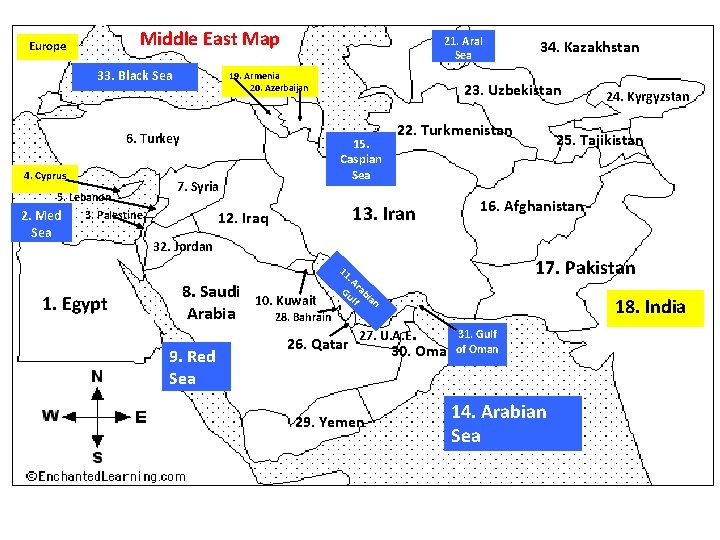 Middle East Map Europe 33. Black Sea 21. Aral Sea 19. Armenia 20. Azerbaijan