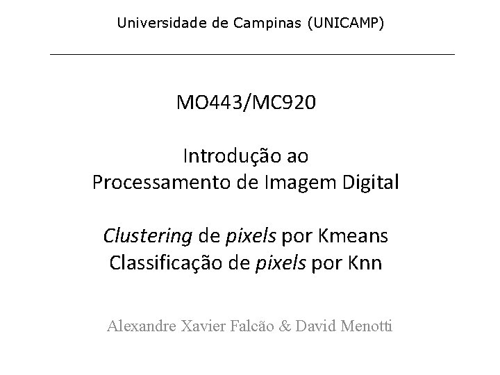 Universidade de Campinas (UNICAMP) MO 443/MC 920 Introdução ao Processamento de Imagem Digital Clustering