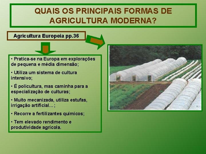 QUAIS OS PRINCIPAIS FORMAS DE AGRICULTURA MODERNA? Agricultura Europeia pp. 36 • Pratica-se na