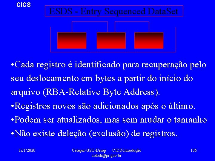 CICS ESDS - Entry Sequenced Data. Set • Cada registro é identificado para recuperação