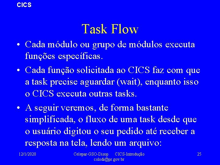 CICS Task Flow • Cada módulo ou grupo de módulos executa funções específicas. •