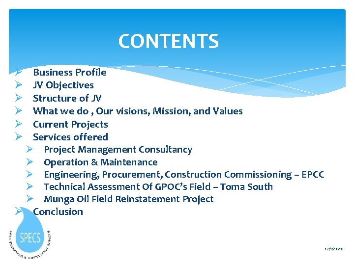 CONTENTS Business Profile JV Objectives Structure of JV What we do , Our visions,