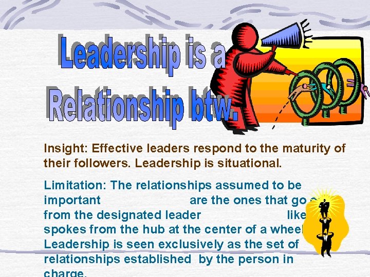 Insight: Effective leaders respond to the maturity of their followers. Leadership is situational. Limitation: