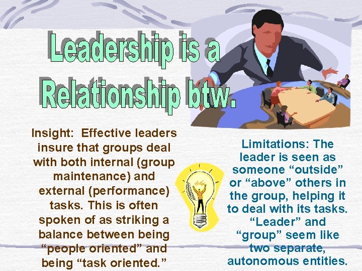 Insight: Effective leaders insure that groups deal with both internal (group maintenance) and external