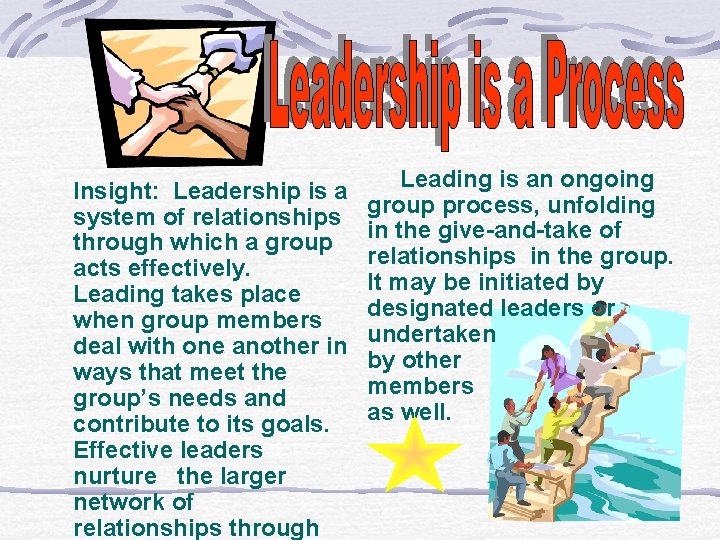 Insight: Leadership is a system of relationships through which a group acts effectively. Leading