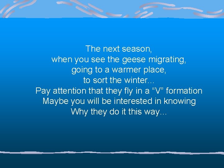 The next season, when you see the geese migrating, going to a warmer place,