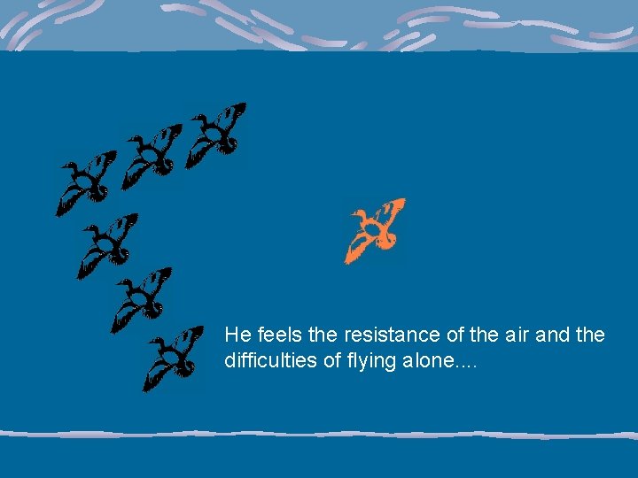 He feels the resistance of the air and the difficulties of flying alone. .