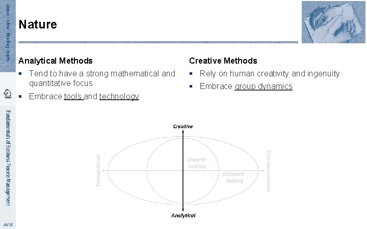 Nature Analytical Methods Creative Methods § Tend to have a strong mathematical and quantitative