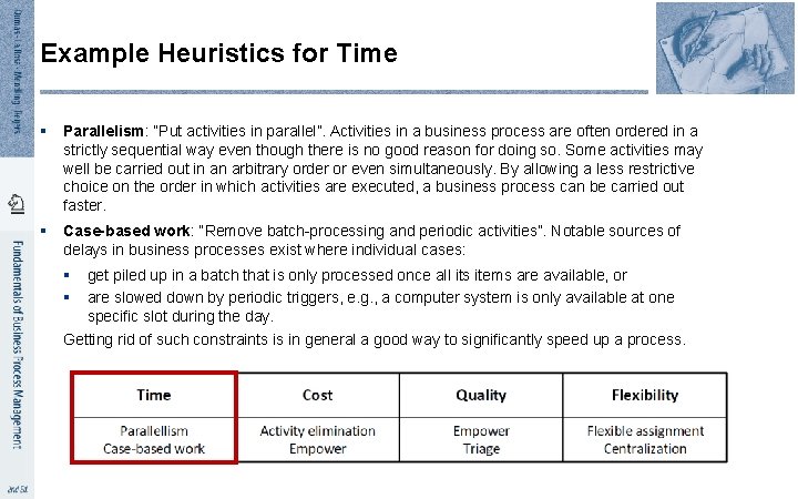 Example Heuristics for Time § Parallelism: “Put activities in parallel”. Activities in a business