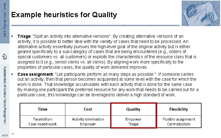 Example heuristics for Quality § Triage: “Split an activity into alternative versions”. By creating