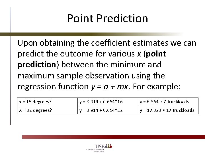 Point Prediction Upon obtaining the coefficient estimates we can predict the outcome for various