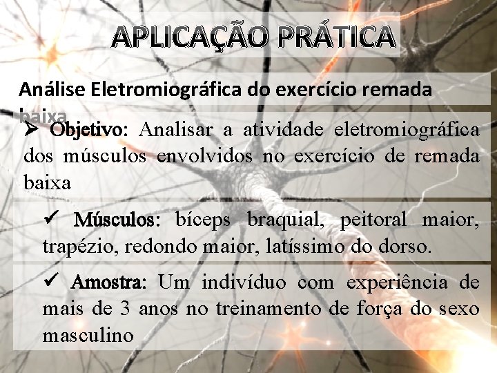 APLICAÇÃO PRÁTICA Análise Eletromiográfica do exercício remada baixa Ø Objetivo: Analisar a atividade eletromiográfica