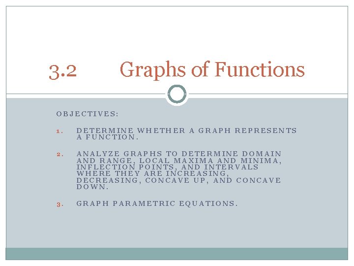 3. 2 Graphs of Functions OBJECTIVES: 1. DETERMINE WHETHER A GRAPH REPRESENTS A FUNCTION.