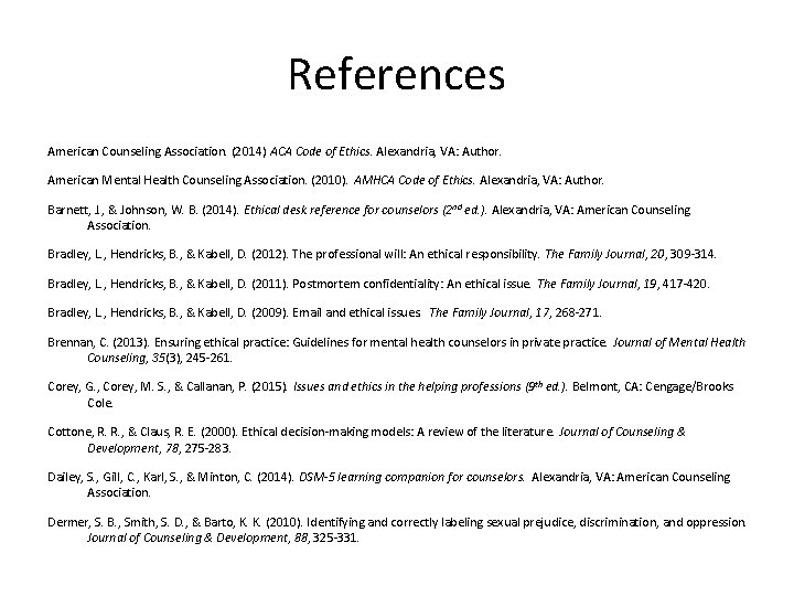 References American Counseling Association. (2014) ACA Code of Ethics. Alexandria, VA: Author. American Mental