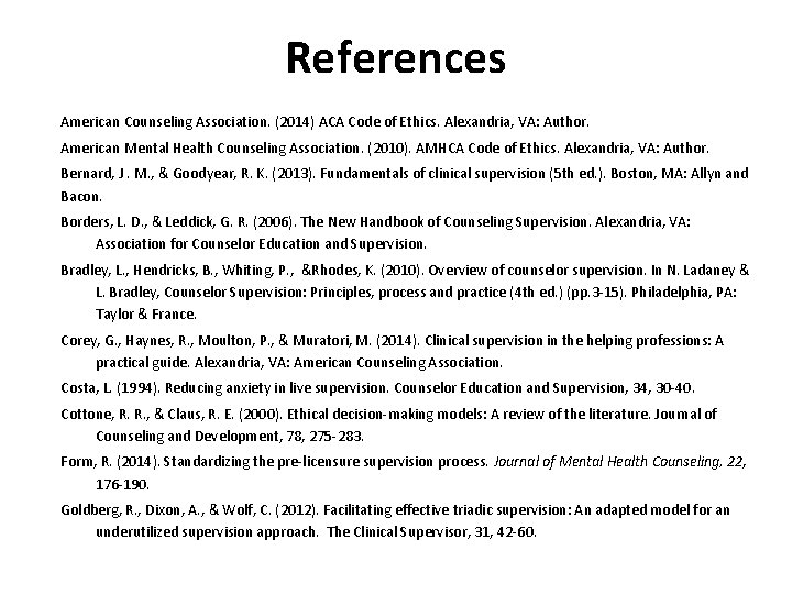 References American Counseling Association. (2014) ACA Code of Ethics. Alexandria, VA: Author. American Mental