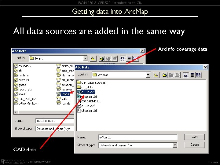 ESRM 250 & CFR 520: Introduction to GIS Getting data into Arc. Map All ESRM 250 & CFR 520: Introduction to GIS Getting data into Arc. Map All