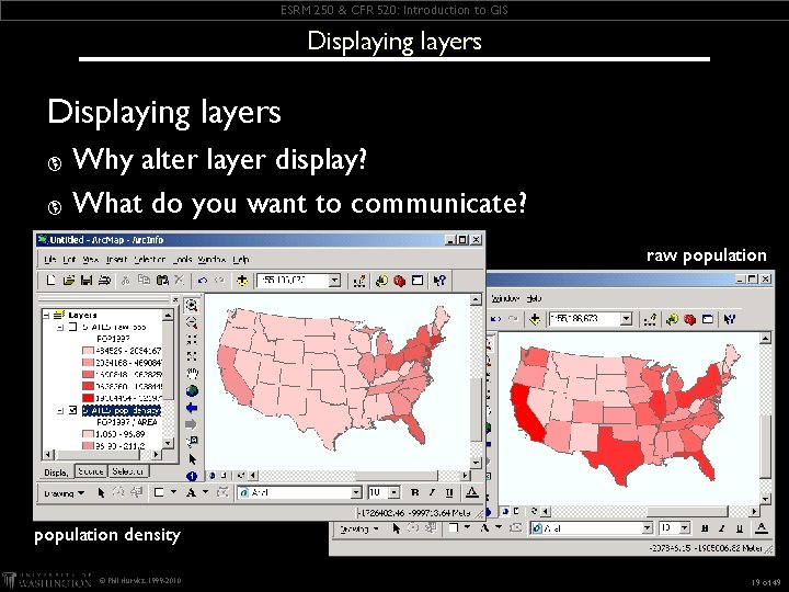 ESRM 250 & CFR 520: Introduction to GIS Displaying layers Why alter layer display? ESRM 250 & CFR 520: Introduction to GIS Displaying layers Why alter layer display?