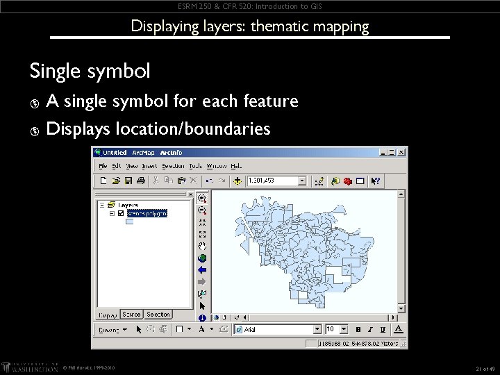 ESRM 250 & CFR 520: Introduction to GIS Displaying layers: thematic mapping Single symbol ESRM 250 & CFR 520: Introduction to GIS Displaying layers: thematic mapping Single symbol