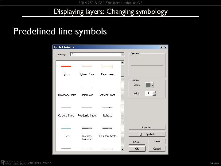 ESRM 250 & CFR 520: Introduction to GIS Displaying layers: Changing symbology Predefined line ESRM 250 & CFR 520: Introduction to GIS Displaying layers: Changing symbology Predefined line