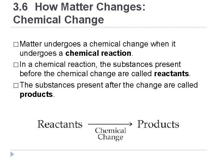 3. 6 How Matter Changes: Chemical Change � Matter undergoes a chemical change when 3. 6 How Matter Changes: Chemical Change � Matter undergoes a chemical change when