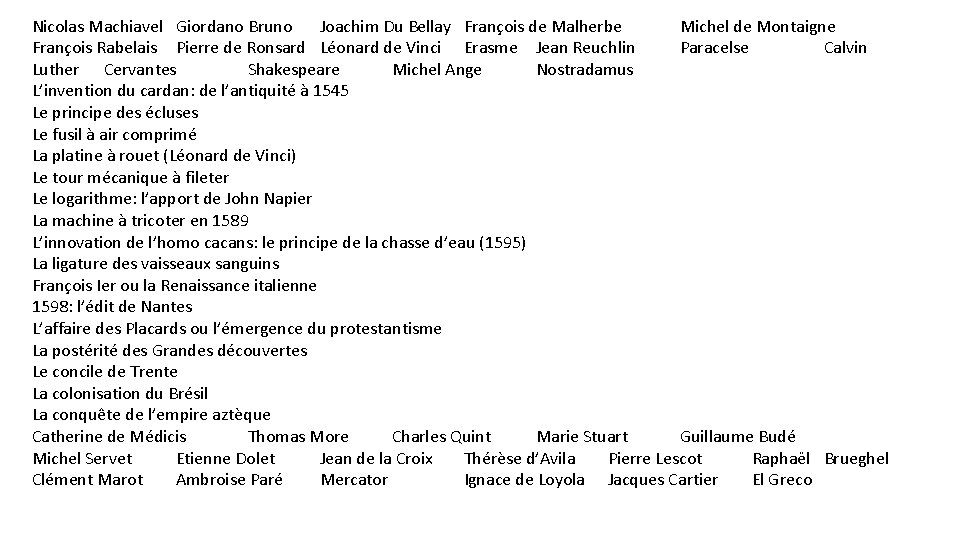 Nicolas Machiavel Giordano Bruno Joachim Du Bellay François de Malherbe Michel de Montaigne François