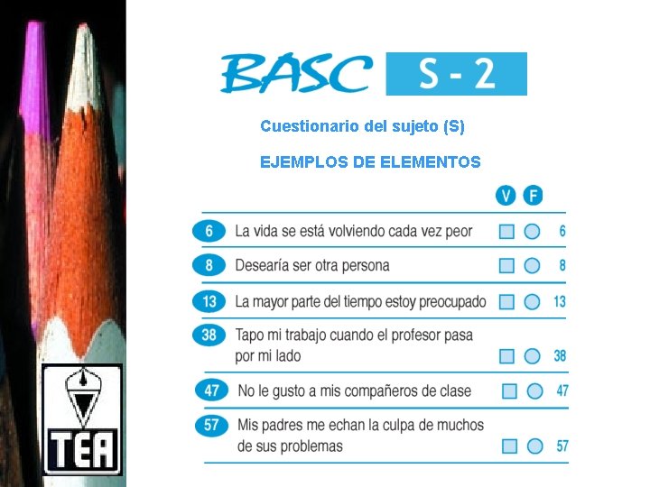 Cuestionario del sujeto (S) EJEMPLOS DE ELEMENTOS 
