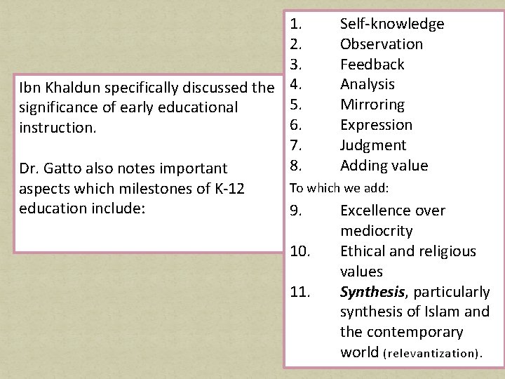 1. Self-knowledge 2. Observation 3. Feedback Analysis Ibn Khaldun specifically discussed the 4. 5.