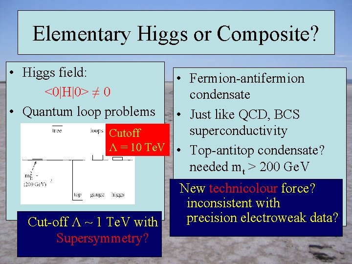 Elementary Higgs or Composite? • Higgs field: <0|H|0> ≠ 0 • Quantum loop problems