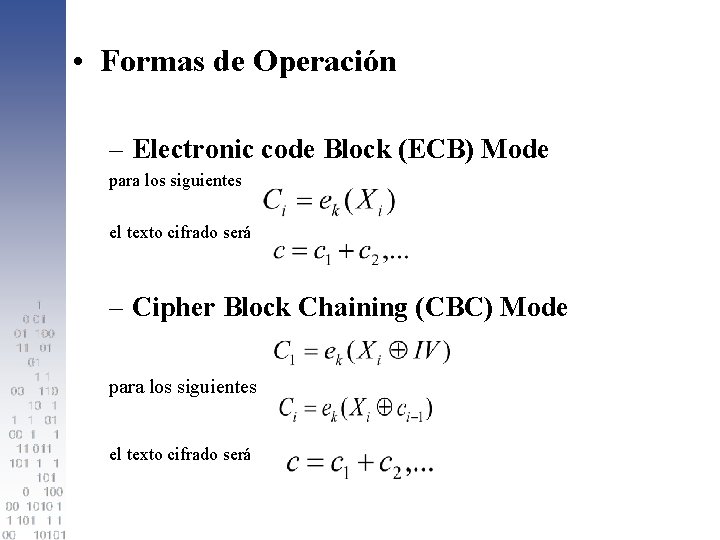  • Formas de Operación – Electronic code Block (ECB) Mode para los siguientes