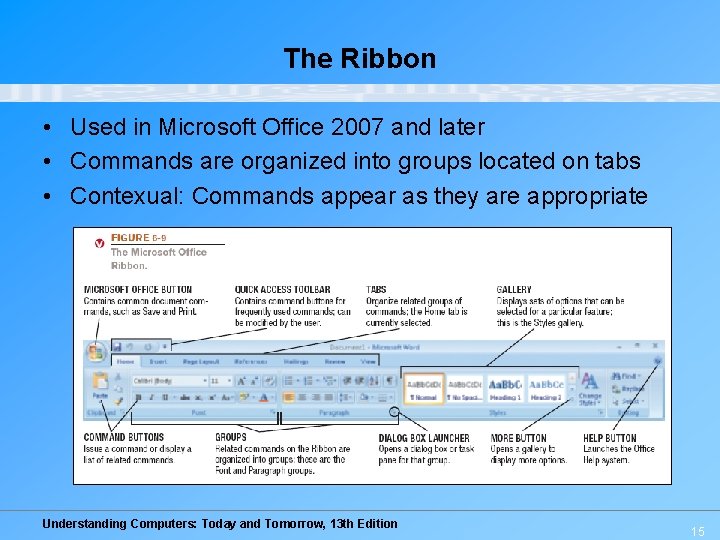 The Ribbon • Used in Microsoft Office 2007 and later • Commands are organized