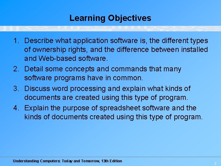 Learning Objectives 1. Describe what application software is, the different types of ownership rights,