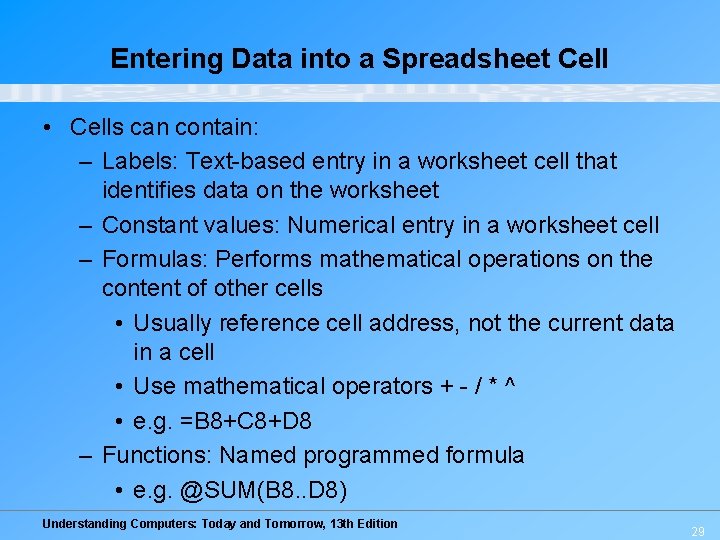 Entering Data into a Spreadsheet Cell • Cells can contain: – Labels: Text-based entry