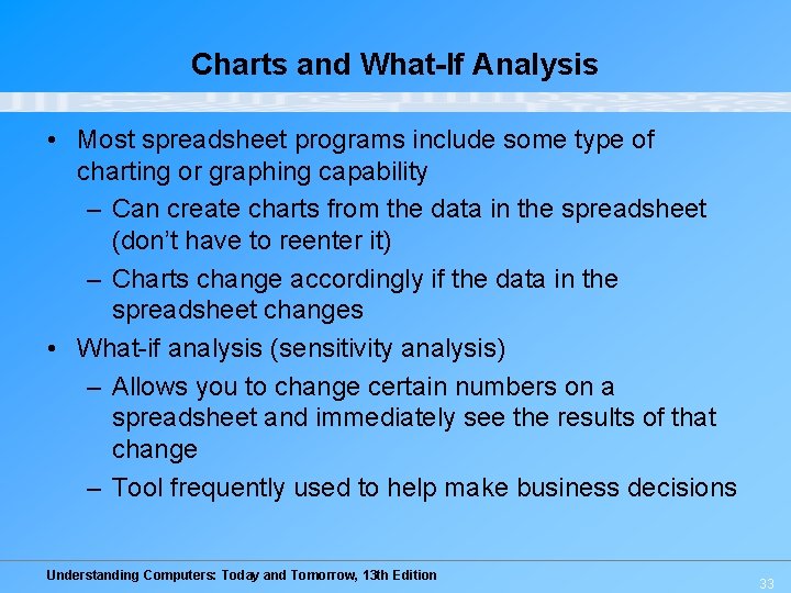 Charts and What-If Analysis • Most spreadsheet programs include some type of charting or