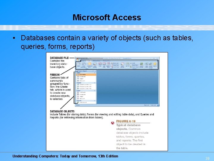 Microsoft Access • Databases contain a variety of objects (such as tables, queries, forms,
