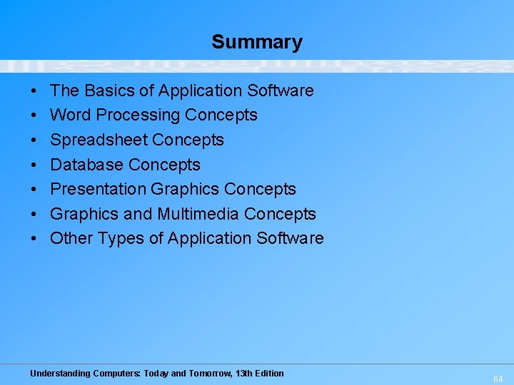 Summary • • The Basics of Application Software Word Processing Concepts Spreadsheet Concepts Database