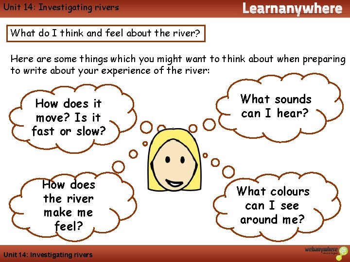 Unit 14: Investigating rivers Geography What do I think and feel about the river?