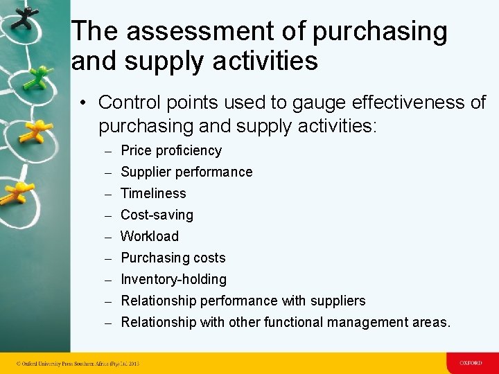 The assessment of purchasing and supply activities • Control points used to gauge effectiveness The assessment of purchasing and supply activities • Control points used to gauge effectiveness