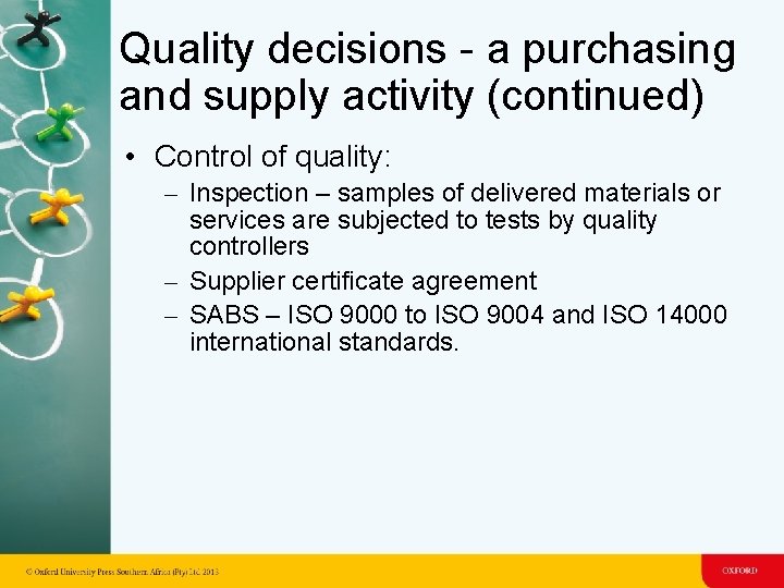 Quality decisions - a purchasing and supply activity (continued) • Control of quality: – Quality decisions - a purchasing and supply activity (continued) • Control of quality: –