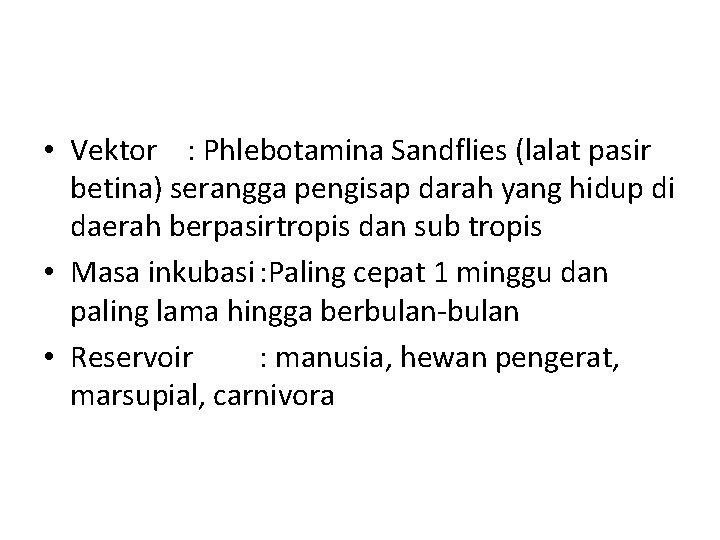 • Vektor : Phlebotamina Sandflies (lalat pasir betina) serangga pengisap darah yang hidup • Vektor : Phlebotamina Sandflies (lalat pasir betina) serangga pengisap darah yang hidup