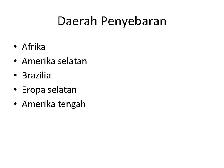 Daerah Penyebaran • • • Afrika Amerika selatan Brazilia Eropa selatan Amerika tengah Daerah Penyebaran • • • Afrika Amerika selatan Brazilia Eropa selatan Amerika tengah